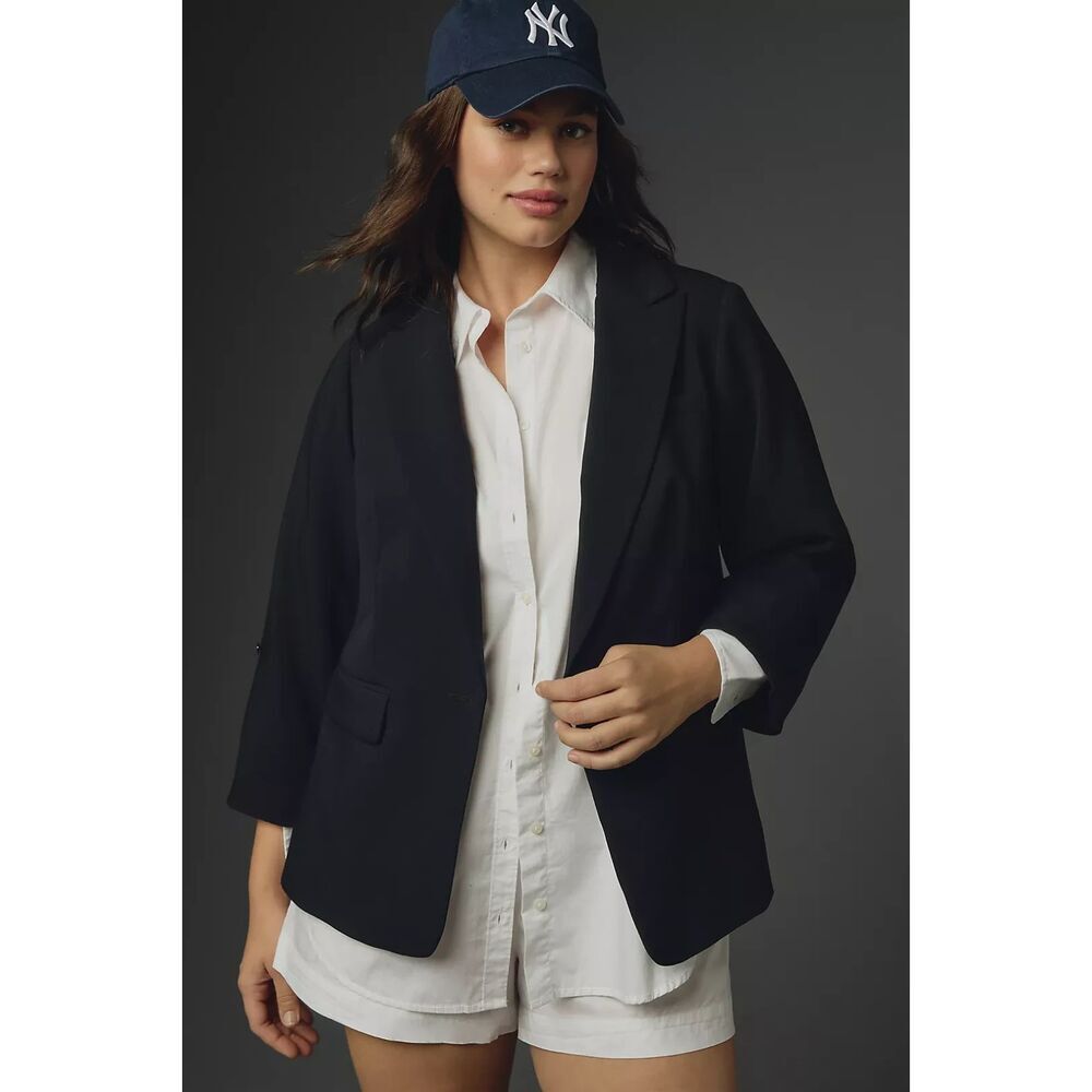 Maeve Women Size L Black The Tessie European Linen Stretch Blazer Jacket Casual
